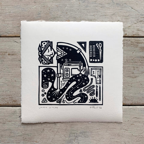 PRE-ORDER - Stitch in Time - linocut print (deep blue; 15 cm x 15 cm)