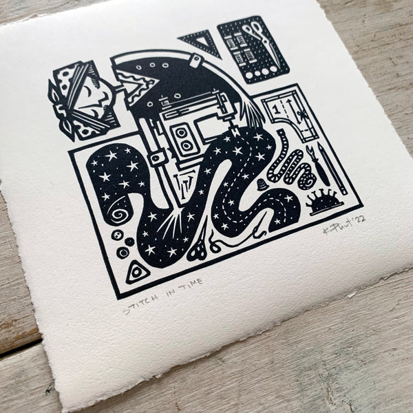 PRE-ORDER - Stitch in Time - linocut print (deep blue; 15 cm x 15 cm)