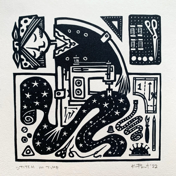 PRE-ORDER - Stitch in Time - linocut print (deep blue; 15 cm x 15 cm)