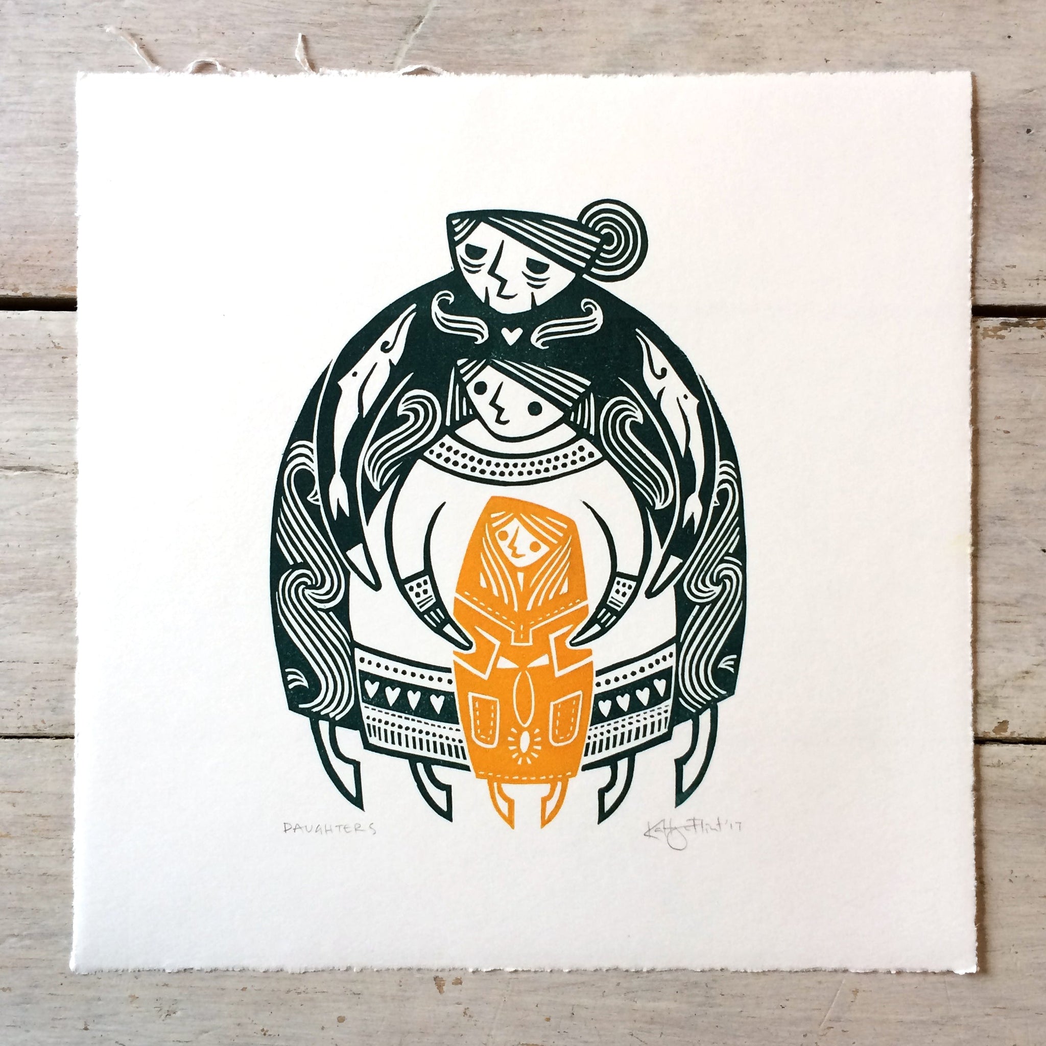 PRE-ORDER - Daughters - two-colour lino print (teal / yellow, 20 x 20cm)
