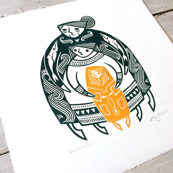 PRE-ORDER - Daughters - two-colour lino print (teal / yellow, 20 x 20cm)