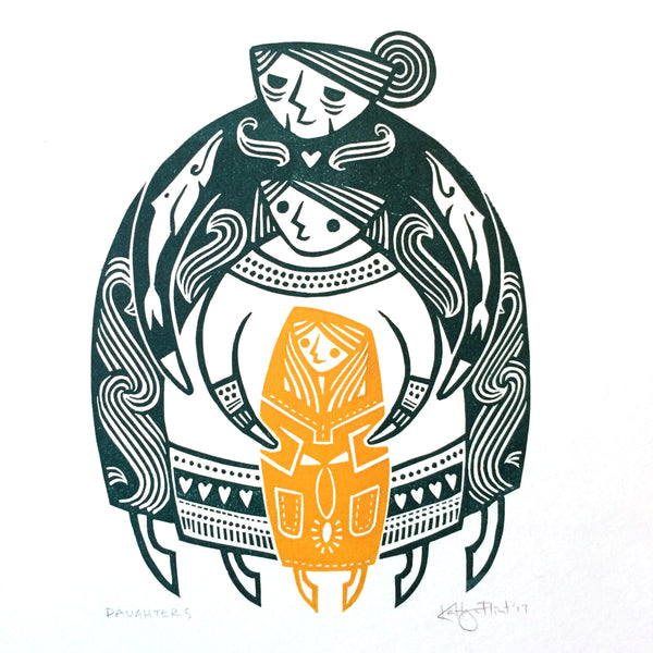 PRE-ORDER - Daughters - two-colour lino print (teal / yellow, 20 x 20cm)