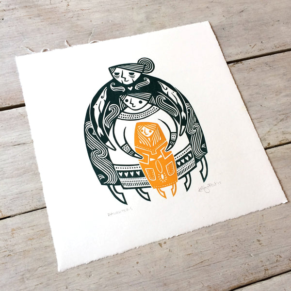 PRE-ORDER - Daughters - two-colour lino print (teal / yellow, 20 x 20cm)