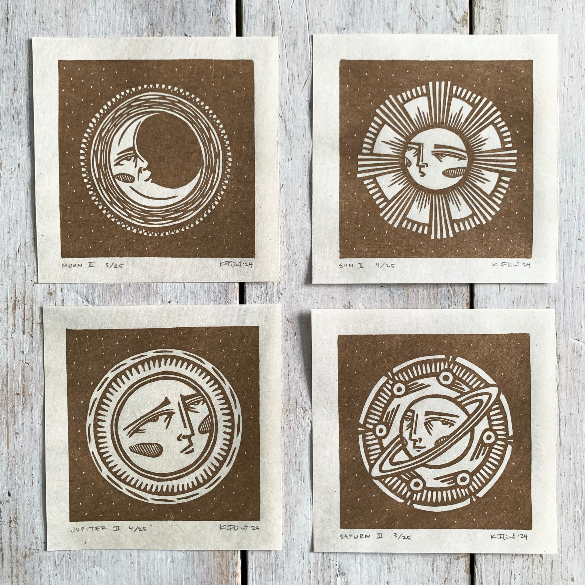 PRE-ORDER - Planets series - FULL SET of 4 - *Limited Edition* linocut mini prints (antique gold)