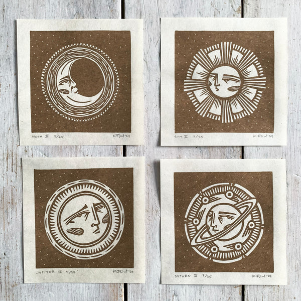 PRE-ORDER - Planets series - FULL SET of 4 - *Limited Edition* linocut mini prints (antique gold)