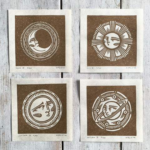 PRE-ORDER - Planets series - FULL SET of 4 - *Limited Edition* linocut mini prints (antique gold)