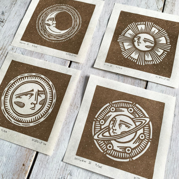 PRE-ORDER - Planets series - FULL SET of 4 - *Limited Edition* linocut mini prints (antique gold)