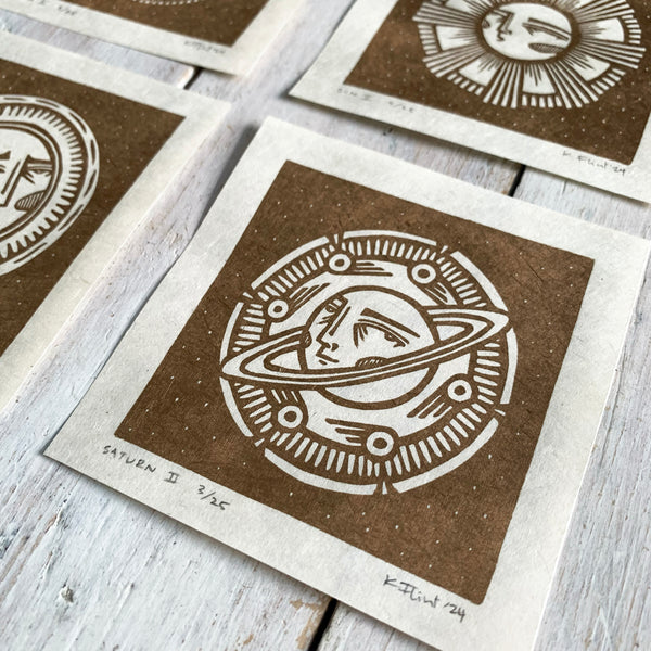 PRE-ORDER - Planets series - FULL SET of 4 - *Limited Edition* linocut mini prints (antique gold)