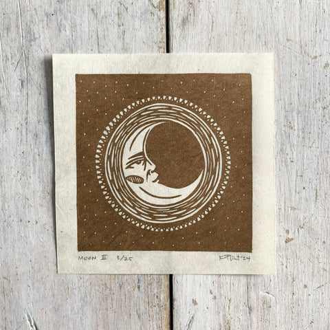 PRE ORDER - Moon (1 of 4) - *Limited Edition* linocut mini print (antique gold, 9 cm x 9 cm)