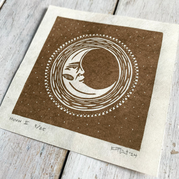PRE ORDER - Moon (1 of 4) - *Limited Edition* linocut mini print (antique gold, 9 cm x 9 cm)