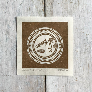 PRE ORDER - Jupiter (1 of 4) - *Limited Edition* linocut mini print (antique gold, 9 cm x 9 cm)