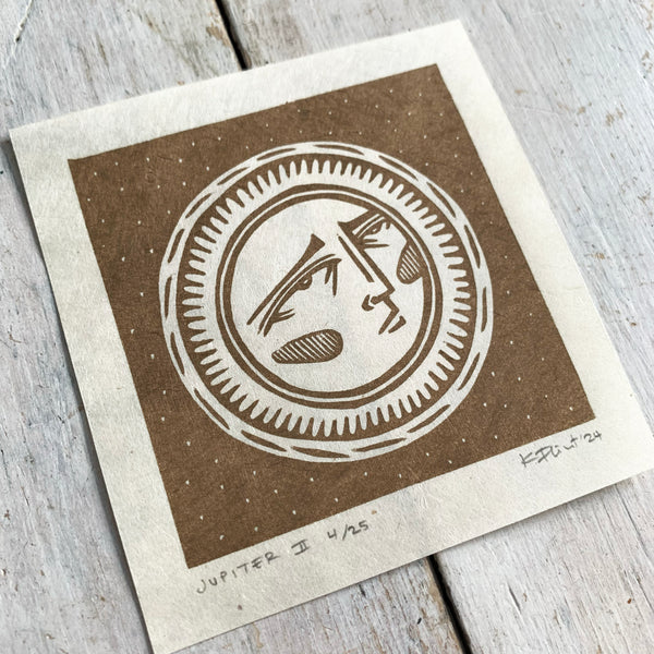 PRE ORDER - Jupiter (1 of 4) - *Limited Edition* linocut mini print (antique gold, 9 cm x 9 cm)