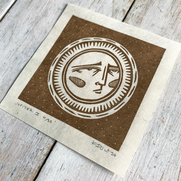 PRE ORDER - Jupiter (1 of 4) - *Limited Edition* linocut mini print (antique gold, 9 cm x 9 cm)