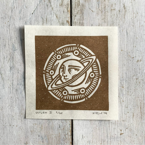 PRE ORDER - Saturn (1 of 4) - *Limited Edition* linocut mini print (antique gold, 9 cm x 9 cm)