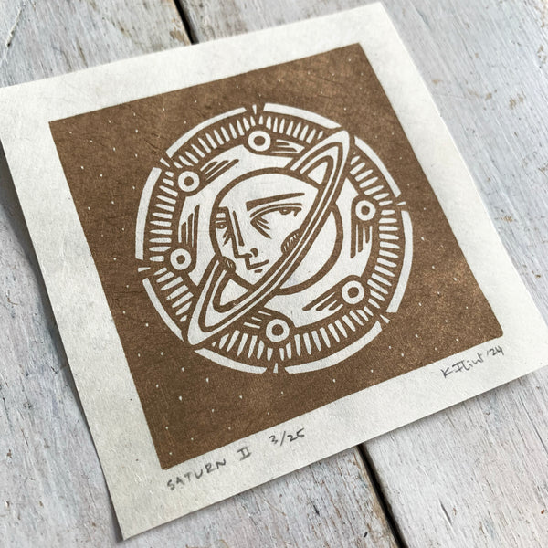 PRE ORDER - Saturn (1 of 4) - *Limited Edition* linocut mini print (antique gold, 9 cm x 9 cm)