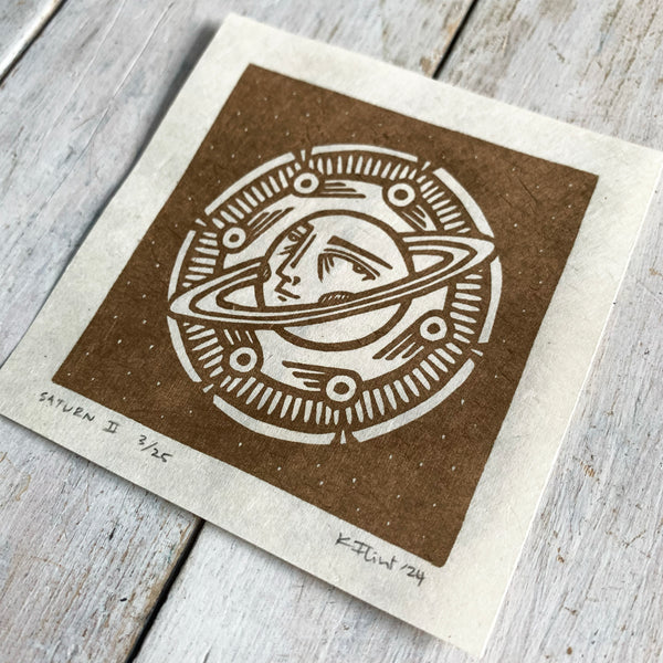 PRE ORDER - Saturn (1 of 4) - *Limited Edition* linocut mini print (antique gold, 9 cm x 9 cm)