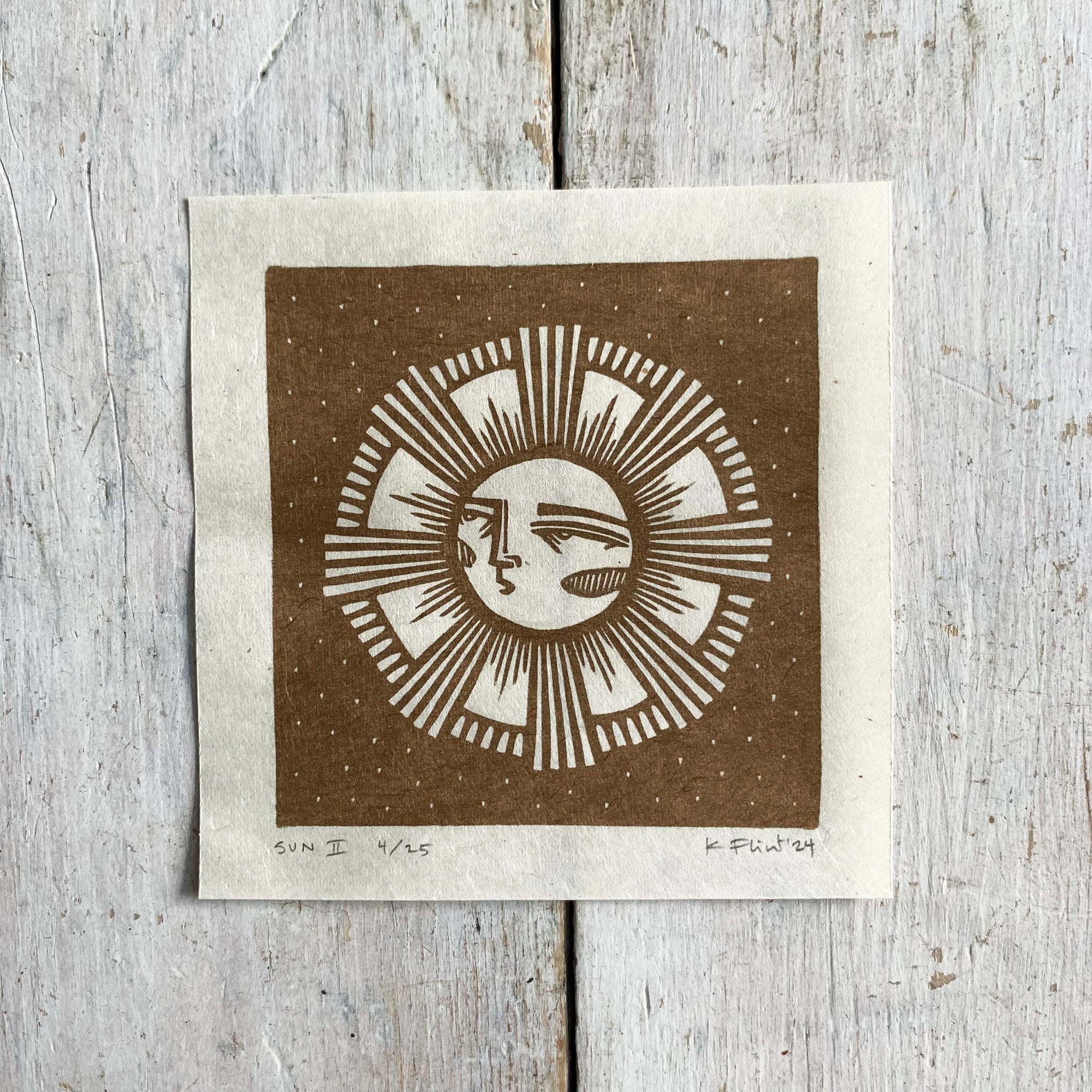 PRE ORDER - Sun (1 of 4) - *Limited Edition* linocut mini print (antique gold, 9 cm x 9 cm)