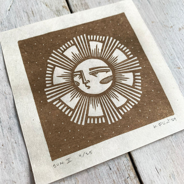 PRE ORDER - Sun (1 of 4) - *Limited Edition* linocut mini print (antique gold, 9 cm x 9 cm)