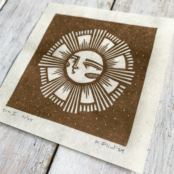 PRE ORDER - Sun (1 of 4) - *Limited Edition* linocut mini print (antique gold, 9 cm x 9 cm)