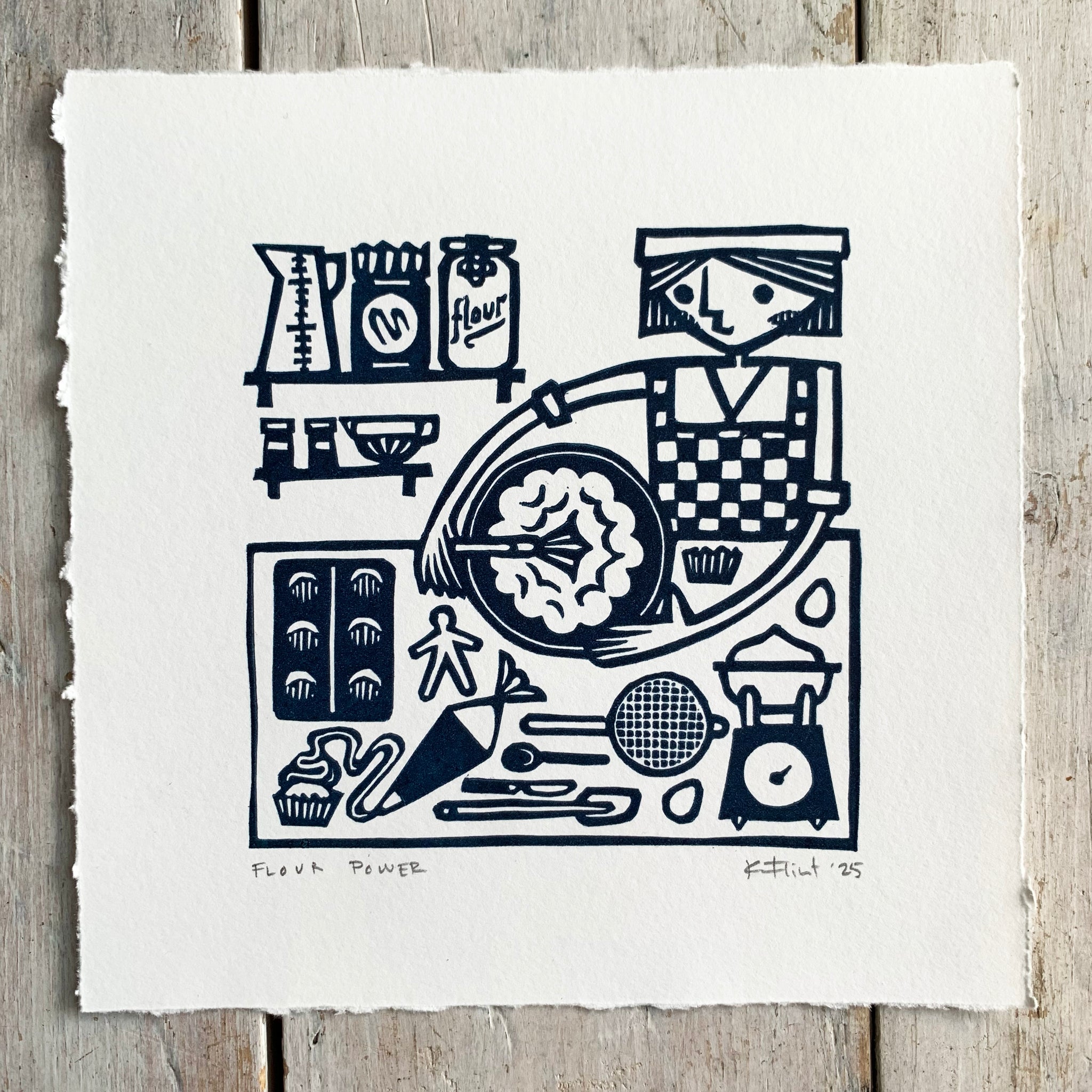 PRE-ORDER - Flour Power - linocut print (deep blue; 15 cm x 15 cm)