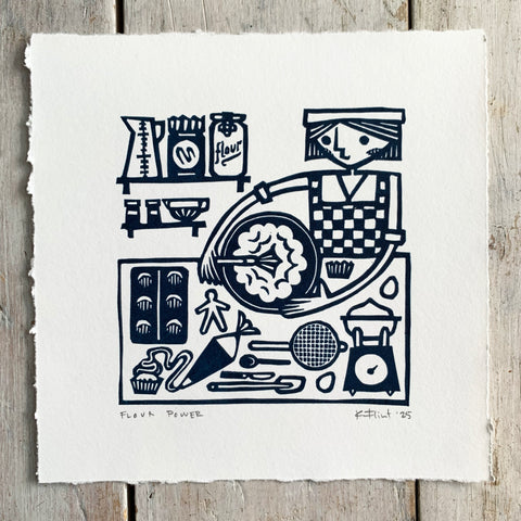 PRE-ORDER - Flour Power - linocut print (deep blue; 15 cm x 15 cm)