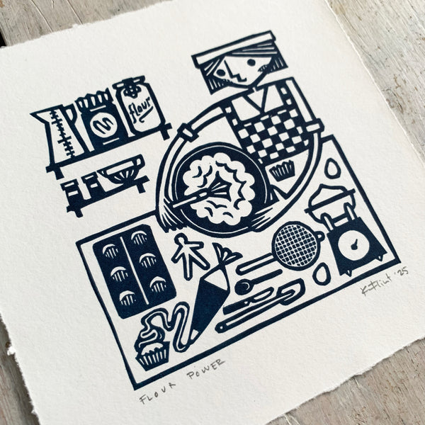 PRE-ORDER - Flour Power - linocut print (deep blue; 15 cm x 15 cm)