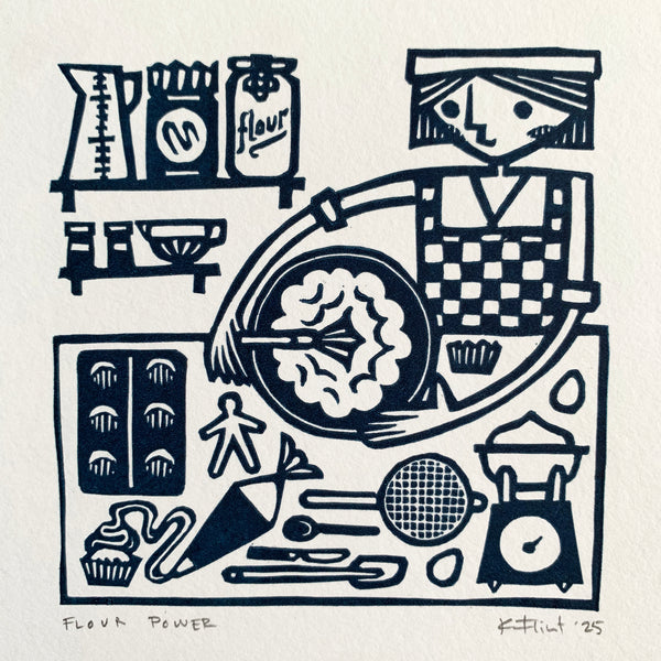 PRE-ORDER - Flour Power - linocut print (deep blue; 15 cm x 15 cm)