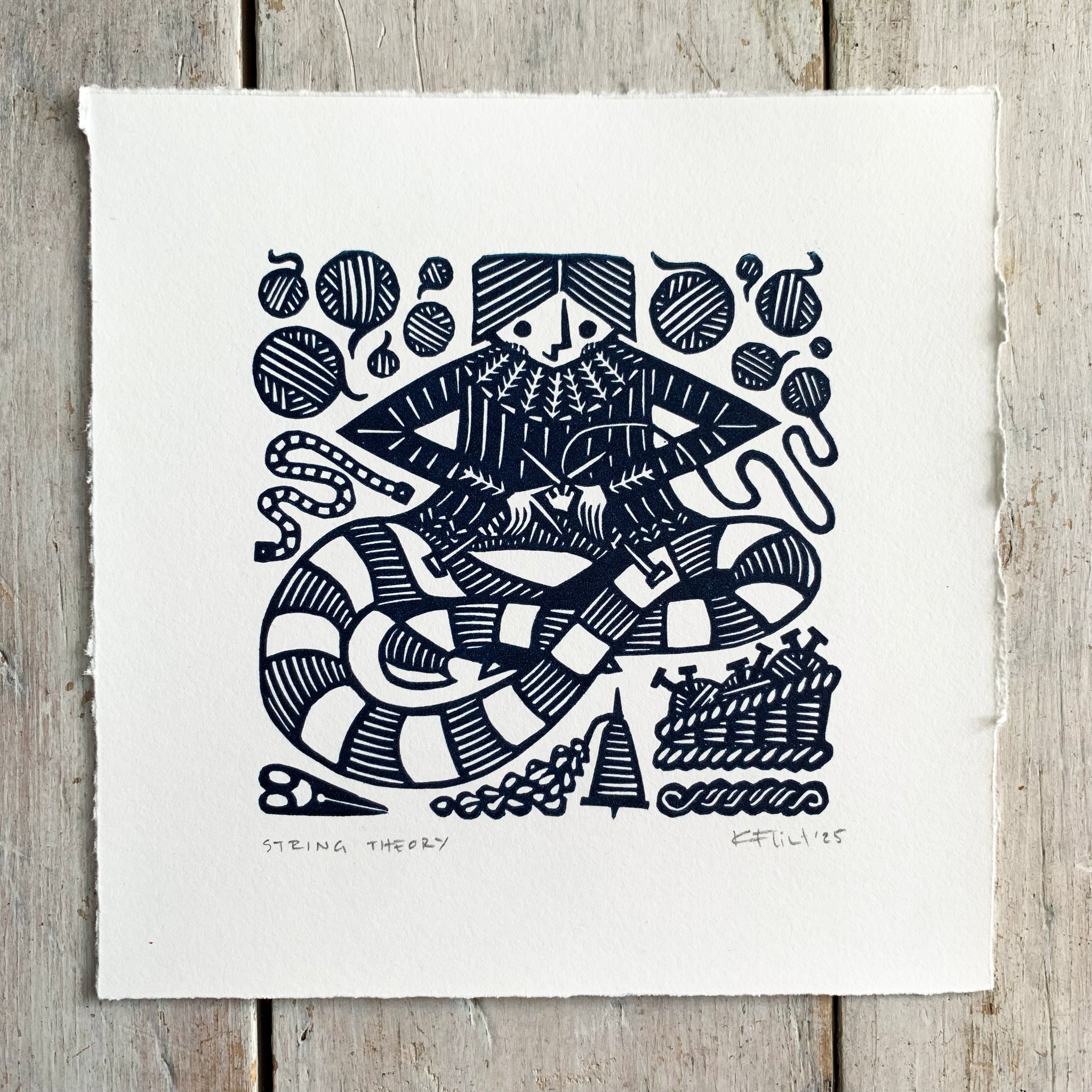 PRE-ORDER - String Theory - linocut print (deep blue; 15 cm x 15 cm)