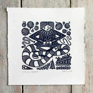 PRE-ORDER - String Theory - linocut print (deep blue; 15 cm x 15 cm)