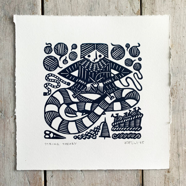 PRE-ORDER - String Theory - linocut print (deep blue; 15 cm x 15 cm)