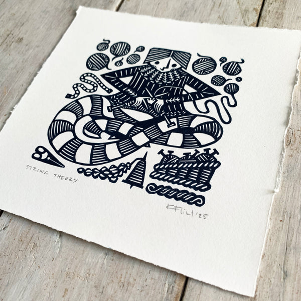 PRE-ORDER - String Theory - linocut print (deep blue; 15 cm x 15 cm)