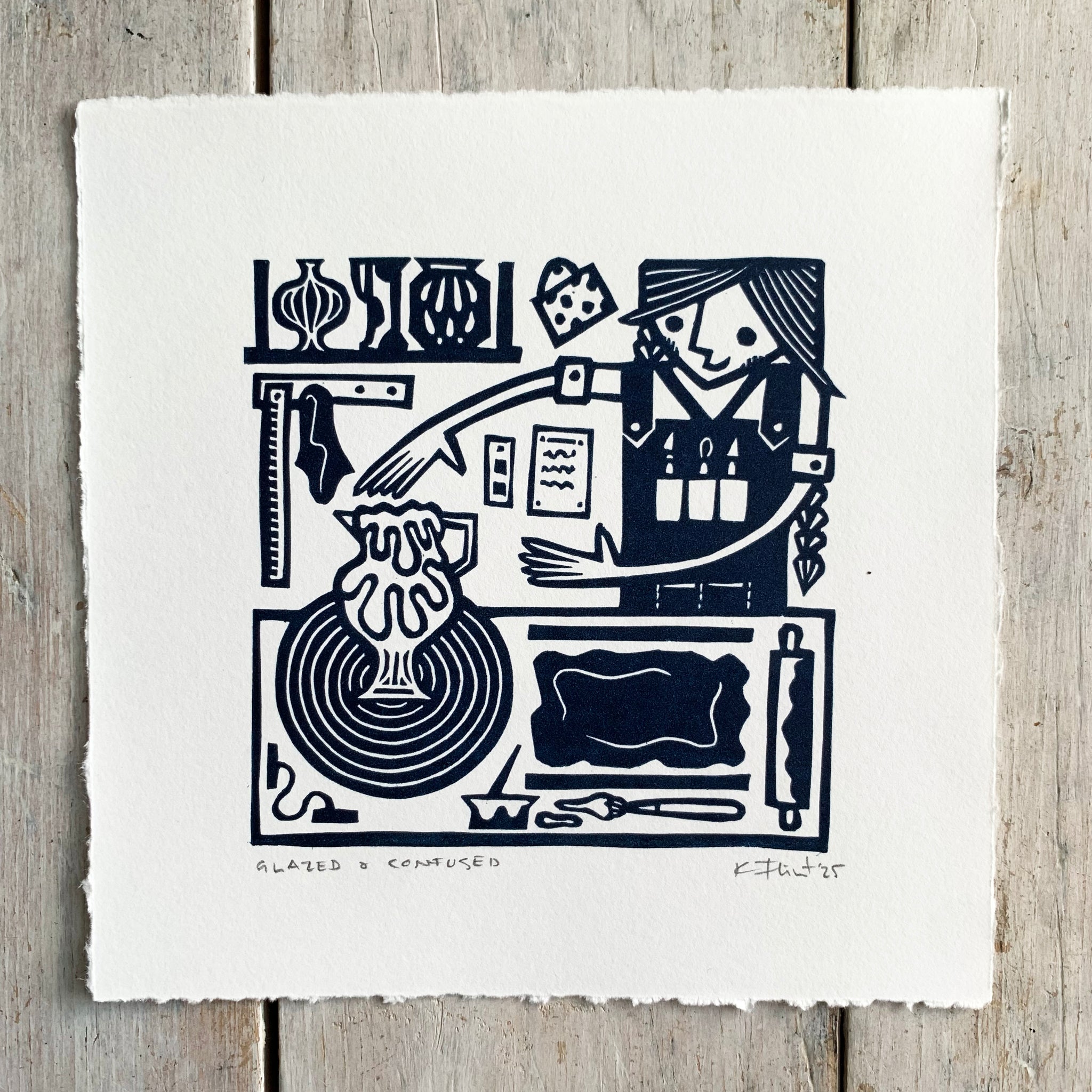 PRE-ORDER - Glazed & Confused - linocut print (deep blue; 15 cm x 15 cm)
