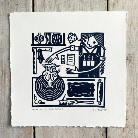 PRE-ORDER - Glazed & Confused - linocut print (deep blue; 15 cm x 15 cm)