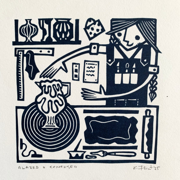 PRE-ORDER - Glazed & Confused - linocut print (deep blue; 15 cm x 15 cm)