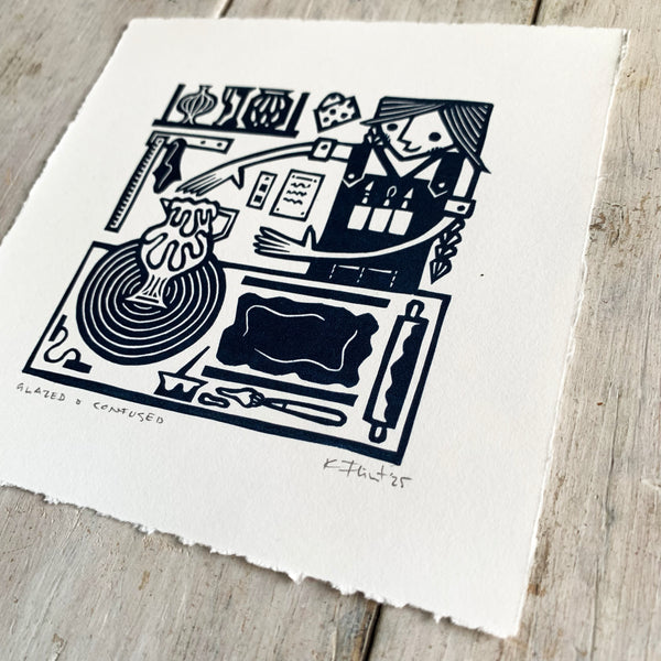 PRE-ORDER - Glazed & Confused - linocut print (deep blue; 15 cm x 15 cm)
