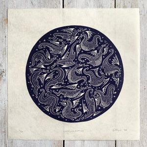 PRE-ORDER - Conflagration - *Limited Edition* linocut print (purple-black on Kitakata; 23cm x 23cm)