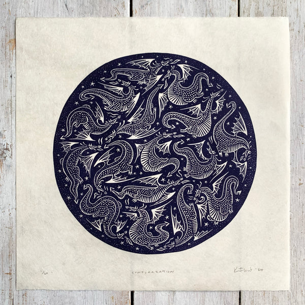 PRE-ORDER - Conflagration - *Limited Edition* linocut print (purple-black on Kitakata; 23cm x 23cm)