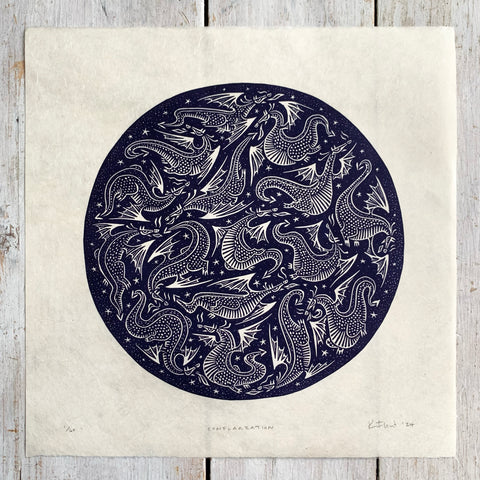 PRE-ORDER - Conflagration - *Limited Edition* linocut print (purple-black on Kitakata; 23cm x 23cm)