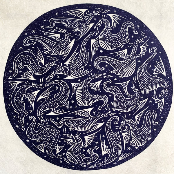 PRE-ORDER - Conflagration - *Limited Edition* linocut print (purple-black on Kitakata; 23cm x 23cm)