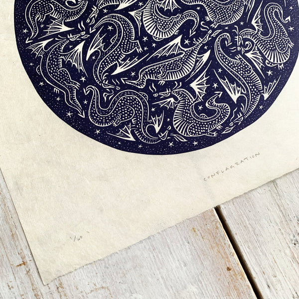 PRE-ORDER - Conflagration - *Limited Edition* linocut print (purple-black on Kitakata; 23cm x 23cm)