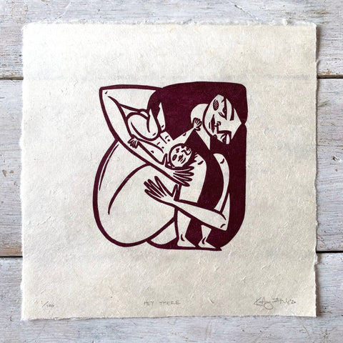 PRE-ORDER - Hey There (new baby) - *Limited Edition* linocut print (burgundy on Kitakata; 17 cm x 17 cm)