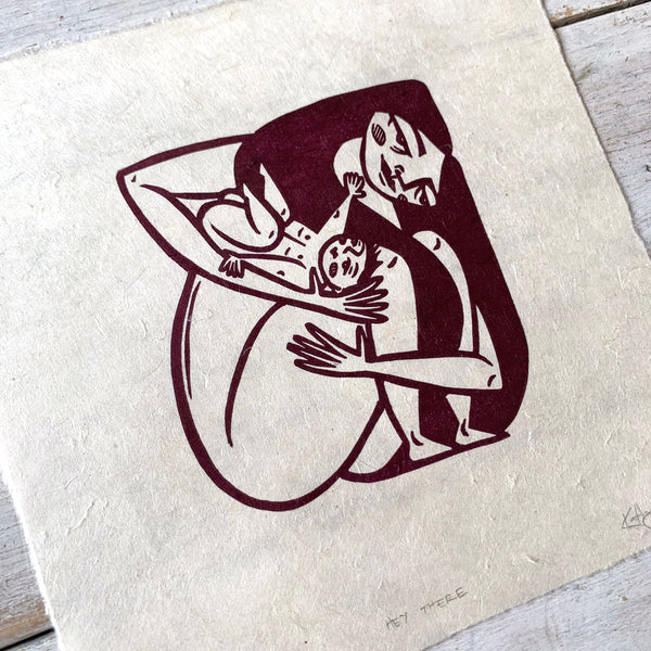 PRE-ORDER - Hey There (new baby) - *Limited Edition* linocut print (burgundy on Kitakata; 17 cm x 17 cm)