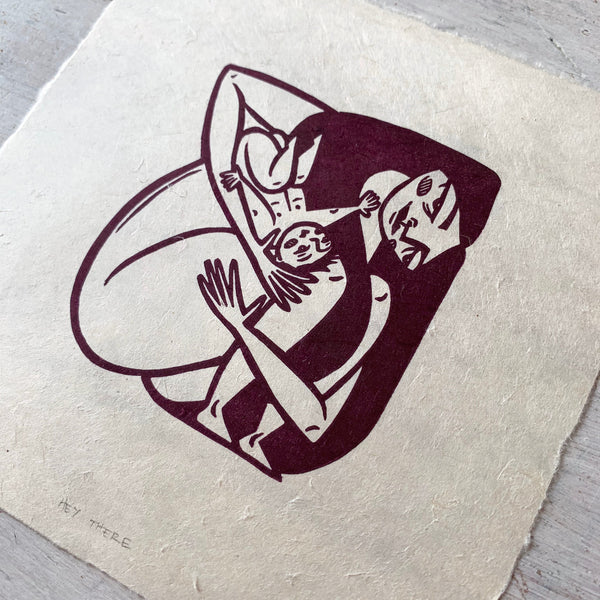 PRE-ORDER - Hey There (new baby) - *Limited Edition* linocut print (burgundy on Kitakata; 17 cm x 17 cm)