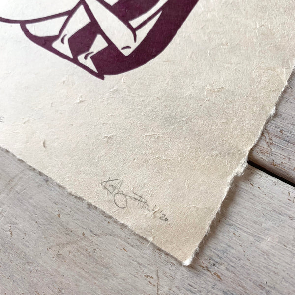PRE-ORDER - Hey There (new baby) - *Limited Edition* linocut print (burgundy on Kitakata; 17 cm x 17 cm)