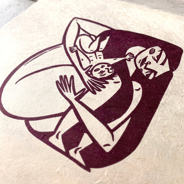 PRE-ORDER - Hey There (new baby) - *Limited Edition* linocut print (burgundy on Kitakata; 17 cm x 17 cm)