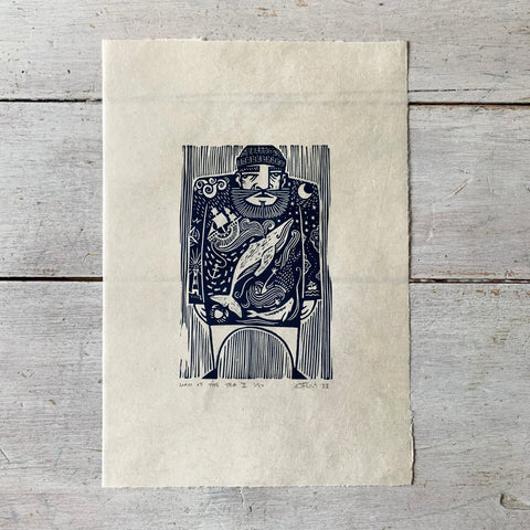 PRE-ORDER - Man of the Sea II - *2023 Edition* linocut print (dark blue; 16 cm x 23.5 cm)