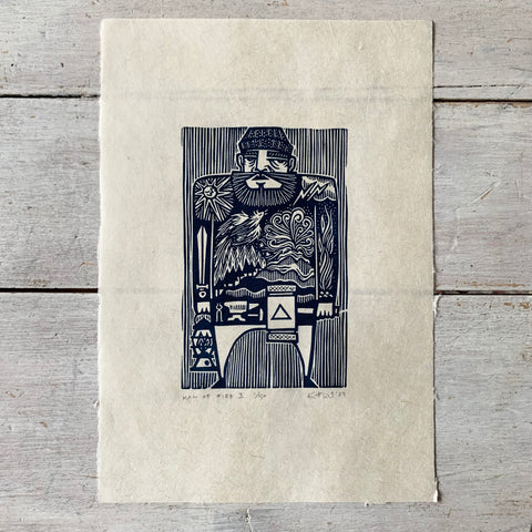PRE-ORDER - Man of Fire II - *2023 Edition* linocut print (dark blue; 16 cm x 23.5 cm)