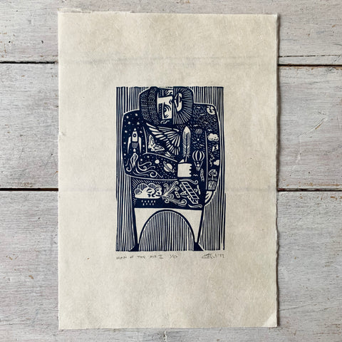 PRE-ORDER - Man of the Air II - *2023 Edition* linocut print (dark blue; 16 cm x 23.5 cm)