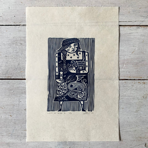 PRE-ORDER - Lady of Fire II - *2023 Edition* linocut print (dark blue; 16 cm x 23.5 cm)