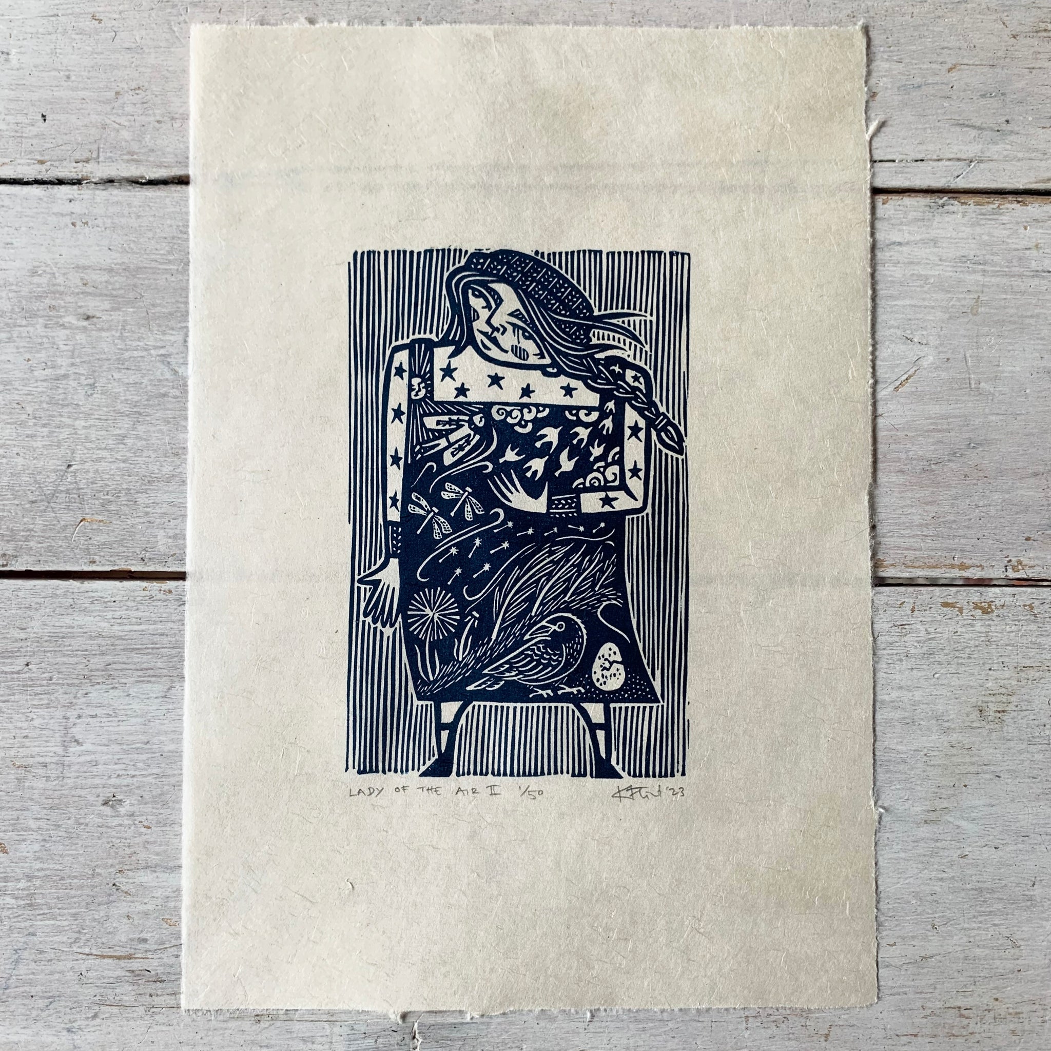 PRE-ORDER - Lady of the Air II - *2023 Edition* linocut print (dark blue; 16 cm x 23.5 cm)